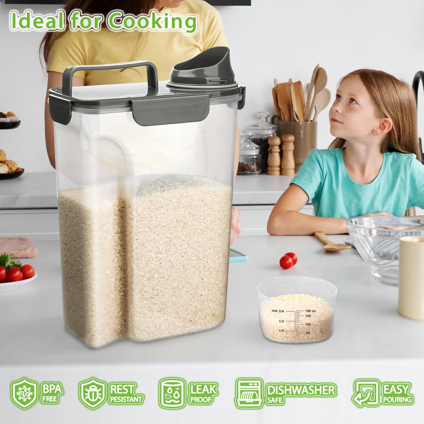 Viretec Rice Storage Container, 5 to 10lb Dry Food Airtight Dispenser, Pet Dog Cat Food Canister, BPA Free Clear Plastic Kitchen and Pantry Bin for Oatmeal, Cereal, Pasta, Flour Pack of 2 Grey