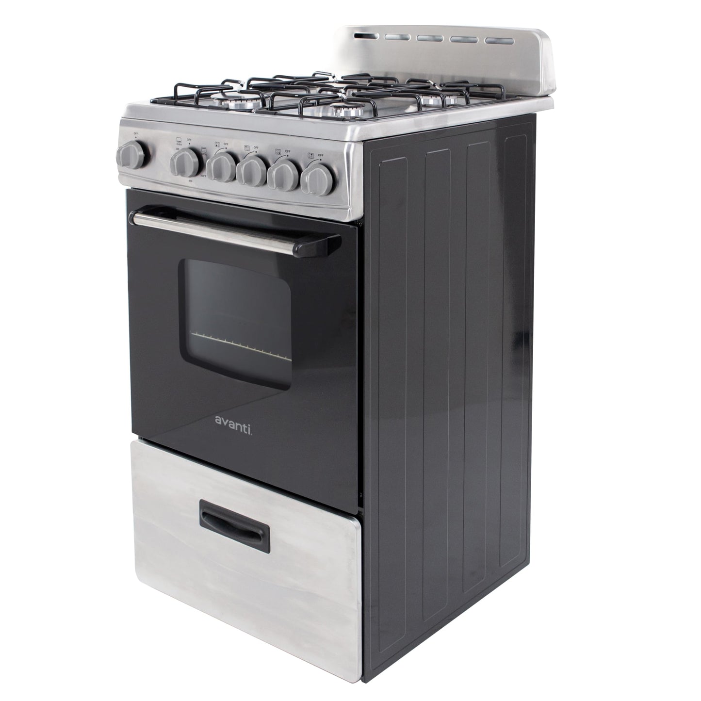 Avanti Gas Range Oven, Compact Freestanding Design, 4 Sealed Burners with Electronic Ignition, 2.1 Cu.Ft. Capacity Features Storage Drawer Broiler and Accessories, 20-Inch, Black