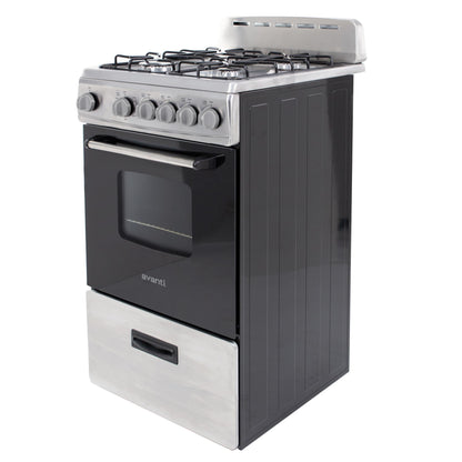 Avanti Gas Range Oven, Compact Freestanding Design, 4 Sealed Burners with Electronic Ignition, 2.1 Cu.Ft. Capacity Features Storage Drawer Broiler and Accessories, 20-Inch, Black