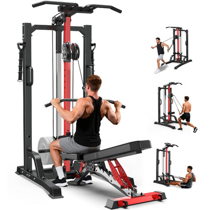 Pull Up Bar Power Tower Dip Station,Cable Machine-Integrated 450LBS Multi-Function Adjustable Height Fitness Strength Training Equipment for Home Gym Strength Training Equipment