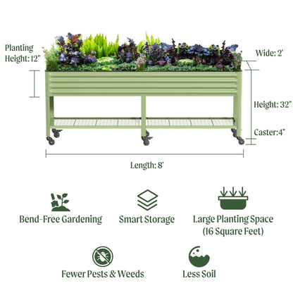 Rolling Elevated Raised Garden Bed-V Series, 2' x 8' Garden Beds with Legs & Storage Rack for Patio & Porch, 1400 Lbs Weight Capacity, Outdoor Planter Box for Vegetables Flower Herbs, Olive Green