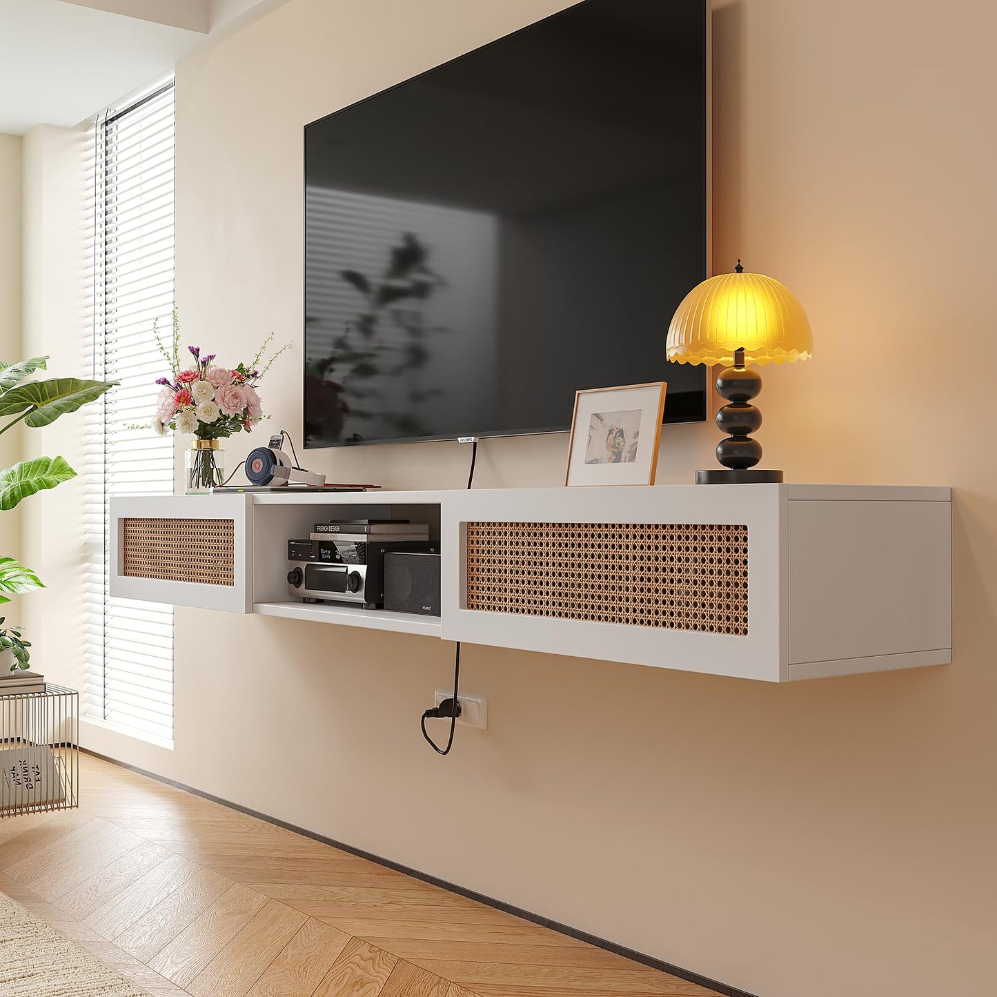 FurniNova 70" Floating TV Stand with Rattan Doors,Boho Wall Mounted Media Console Entertainment Center with 3 Cabinets,White