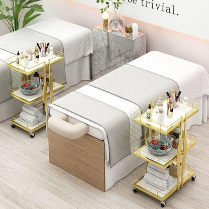 POCHY Bar Carts 3-Tier Utility Carts Metal Frame Serving Cart Imitation Marble Rolling Cart with Wheels Drink Cart Storage Cart