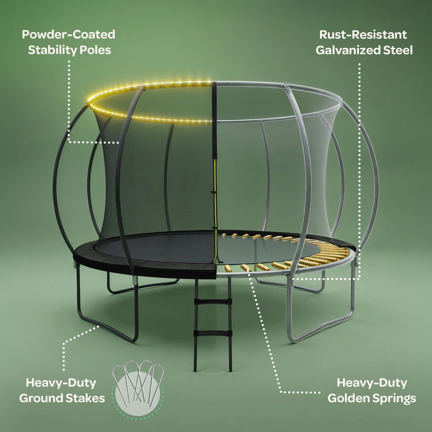 JoyBerri Trampoline Outdoor - Upsurge ASTM Certified Safe 8Ft 10Ft 12Ft 14Ft 15Ft 16Ft Recreational Trampoline for Kids and Adults. Anti-Rust Coating with Enclosure Net, Ladder, Sprinkler & LED Lights