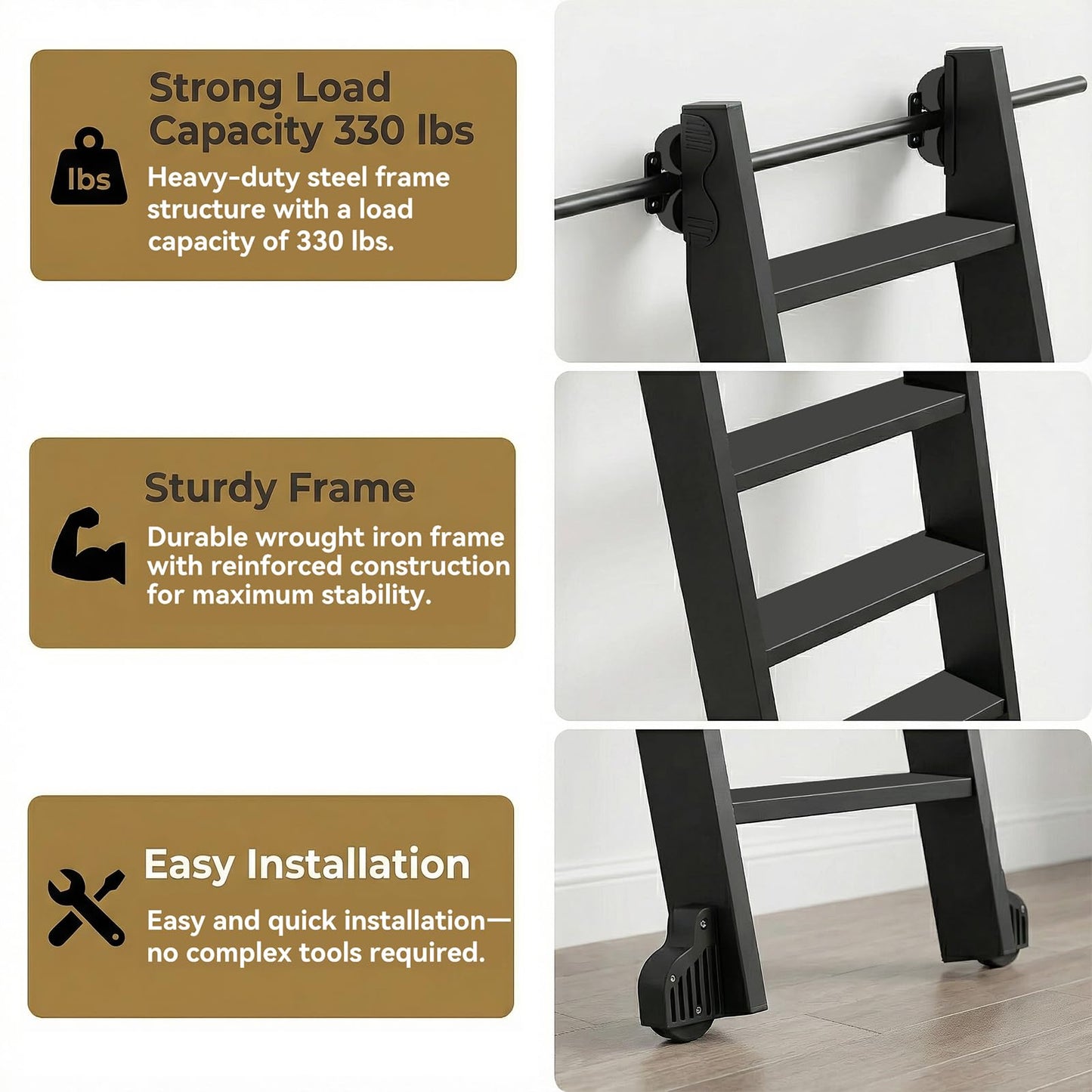 96" Rolling Library Metal Step Ladder, 8-Step Portable 330lb Heavy Duty Black Movable Ladder, 4FT Sliding Hardware Track Kit Bottom Wheel Included, for Kitchen, Loft, Warehouses and Bookstore
