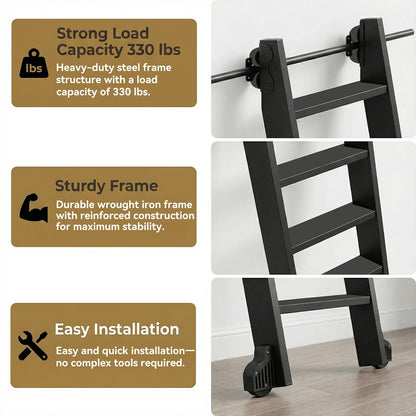 96" Rolling Library Metal Step Ladder, 8-Step Portable 330lb Heavy Duty Black Movable Ladder, 4FT Sliding Hardware Track Kit Bottom Wheel Included, for Kitchen, Loft, Warehouses and Bookstore