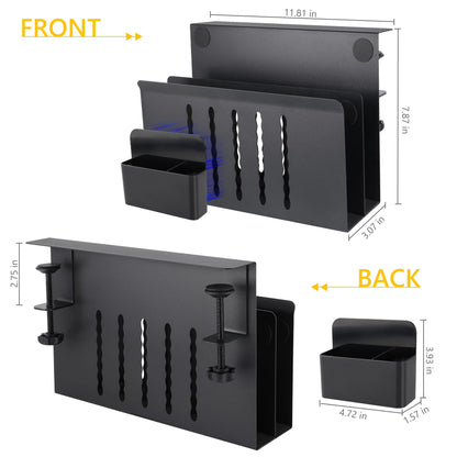 Desk Side Storage Under Desk Laptop Holder, No Drill Hanging Desk Organizer with Pen Holder, Clamp-On Table Side Tray Desktop Organization Mount for Office and Home (White)