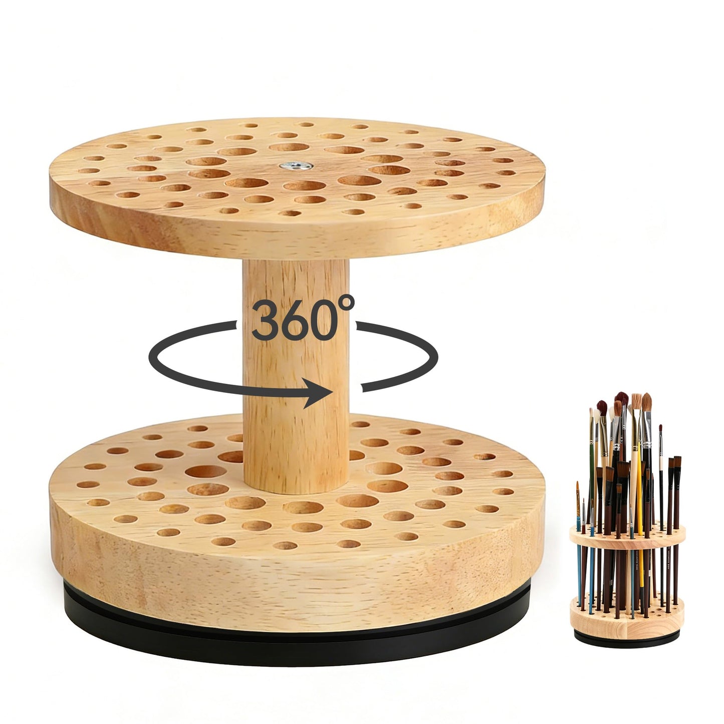 360 Rotating Paint Brush Holder | 52 Holes Hardwood Organizer for Artists Brushes | Desktop Storage Stand for Art Supplies | Craft Tools, Makeup Brush and Calligraphy Pens Rack | Natural Wood Display
