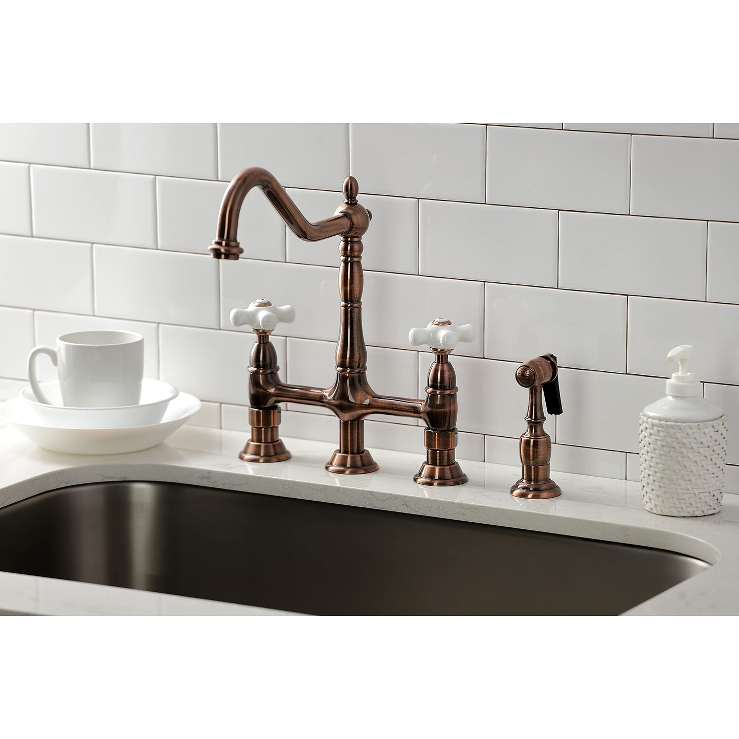Kingston Brass KS127PXBSAC Heritage Bridge Kitchen Faucet with Brass Sprayer, Antique Copper