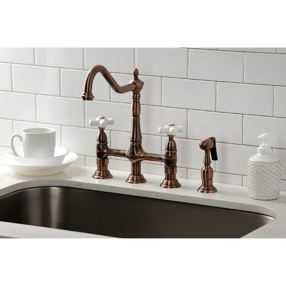 Kingston Brass KS127PXBSAC Heritage Bridge Kitchen Faucet with Brass Sprayer, Antique Copper