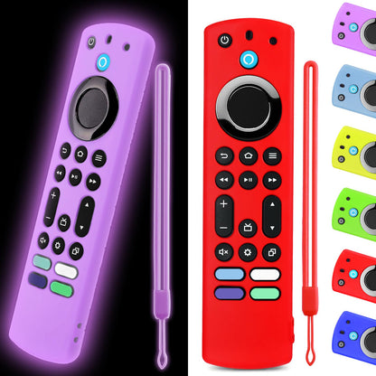 OneBom (2pcs) Silicone Remote Cover for Firetv 4K Max (2nd)/ Insignia/Pioneer/Omni (QLED) Series Alexa Voice Remote Enhanced w, Anti-Slip Protective Case with Same Color Lanyard(Glow Purple&Glow Blue)