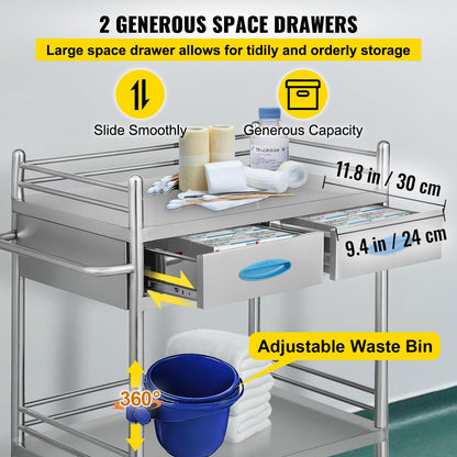 Happybuy 2-Tier Stainless Steel Medical Serving Cart, Utility Rolling Cart with Drawers, Lockable Wheels, Perfect for Laboratories, Hospitals, and Dental Clinics