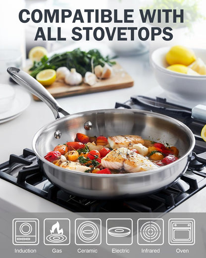 Cooks Standard Stainless Steel Frying Pan with Lid, 12-Inch Multi-Ply Clad Wok Stir Fry Pan, Kitchen Skillet, Silver