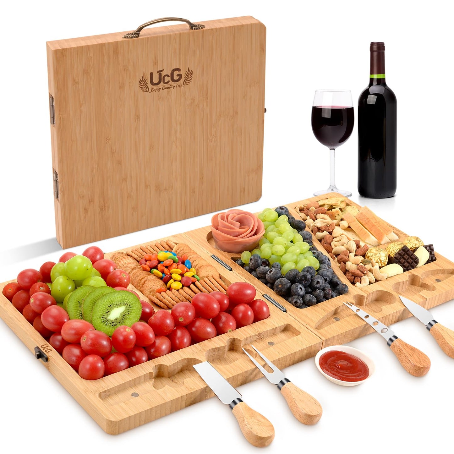 UTCG Bamboo Charcuterie Board Set - Large Folding Cheese Board with Knife Set - Unique White Elephant Gift, House Warming Gift, Wedding Gifts - 22.8 x 11.4 Inches