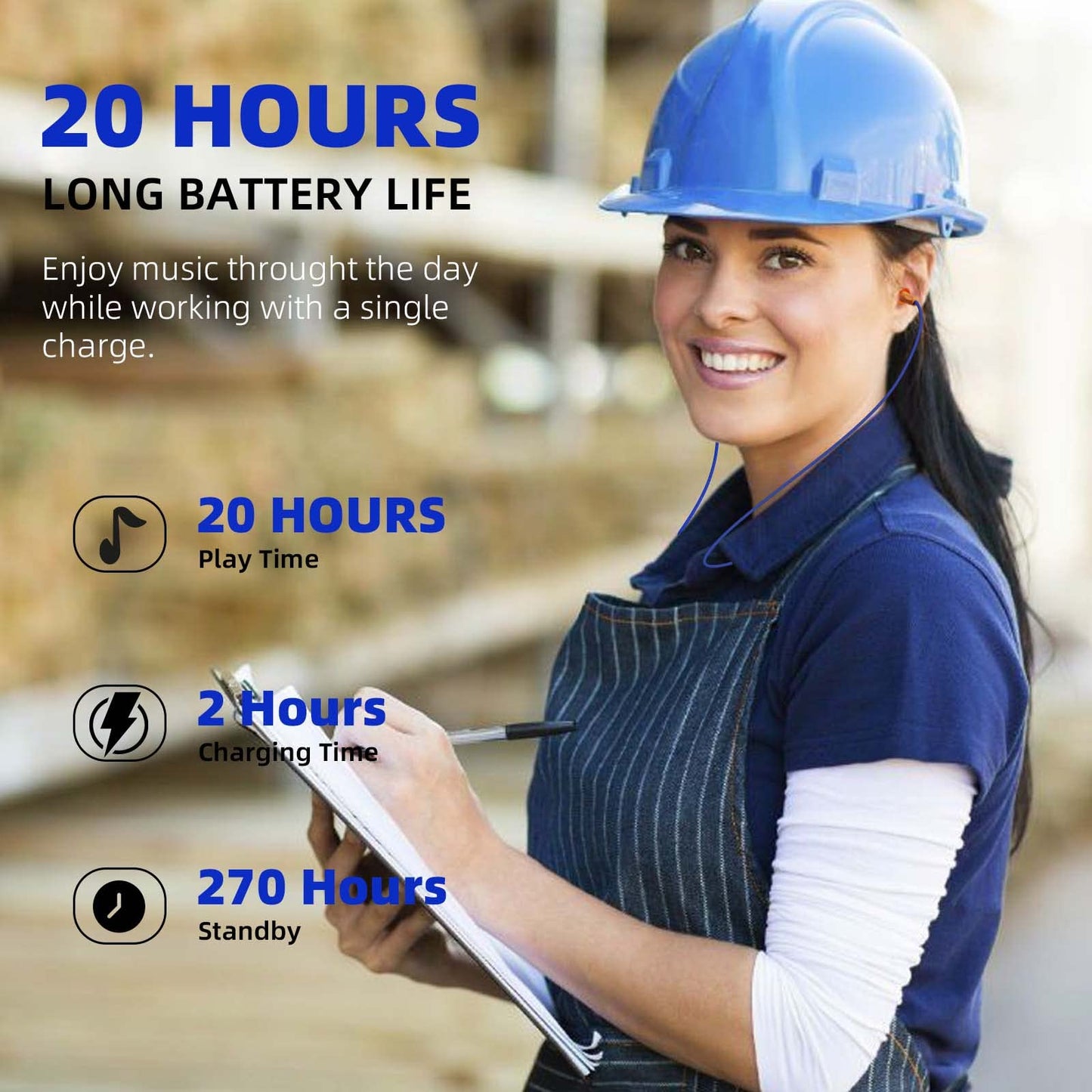 Cuzabe Ear Plugs Bluetooth Headphones for Work, Neckband Wireless Earbuds, Noise Reduction in-Ear Earphones with Mic and Controls, Waterproof Earbuds with 20 Hours Battery, for Industrial Safety
