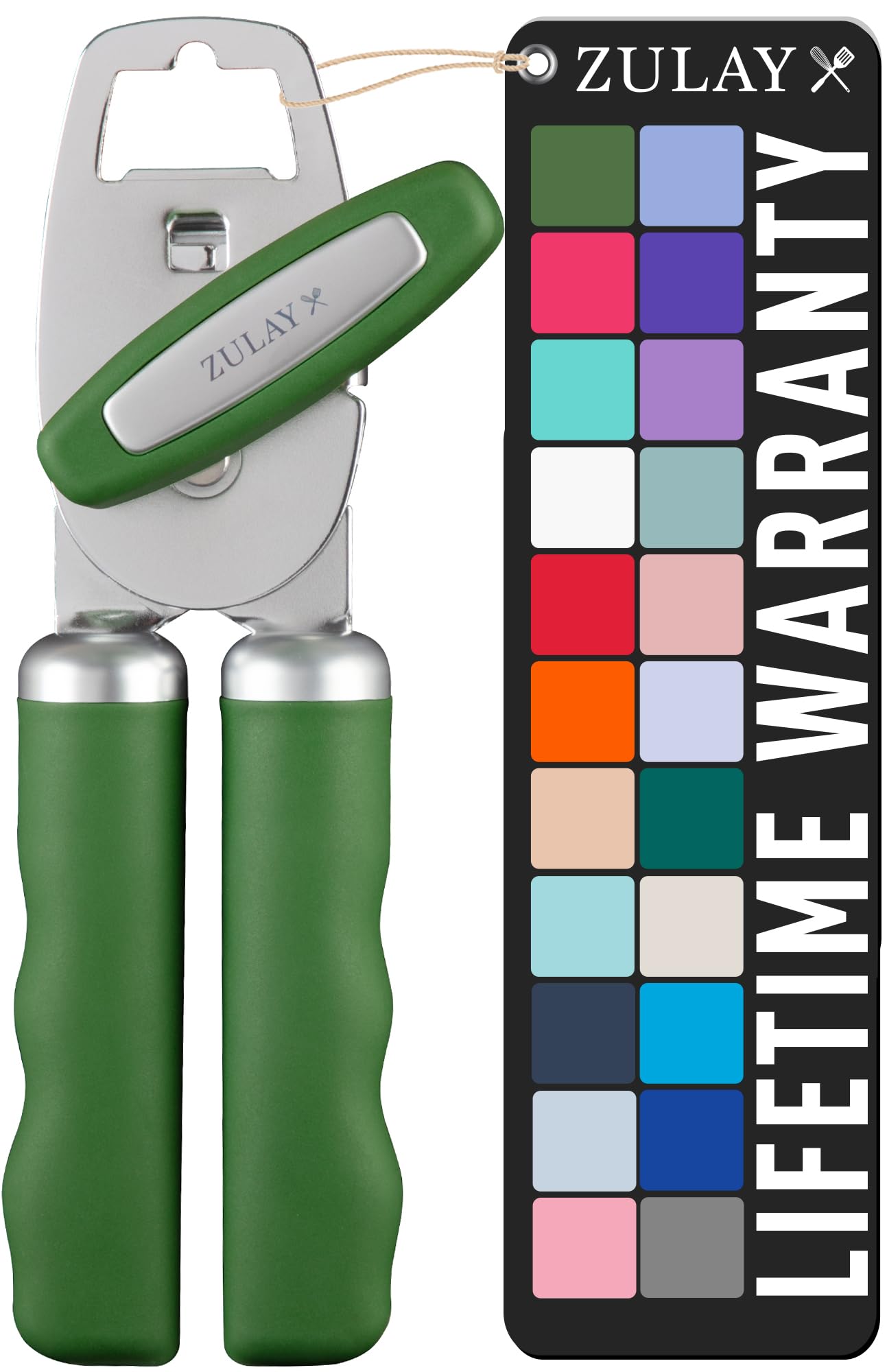 Zulay Kitchen Heavy Duty Stainless Steel Can Opener Manual with Bottle Opener - Rust Proof Manual Can Opener With Turn Knob & Comfy Soft Grip Handles - Artichoke Green