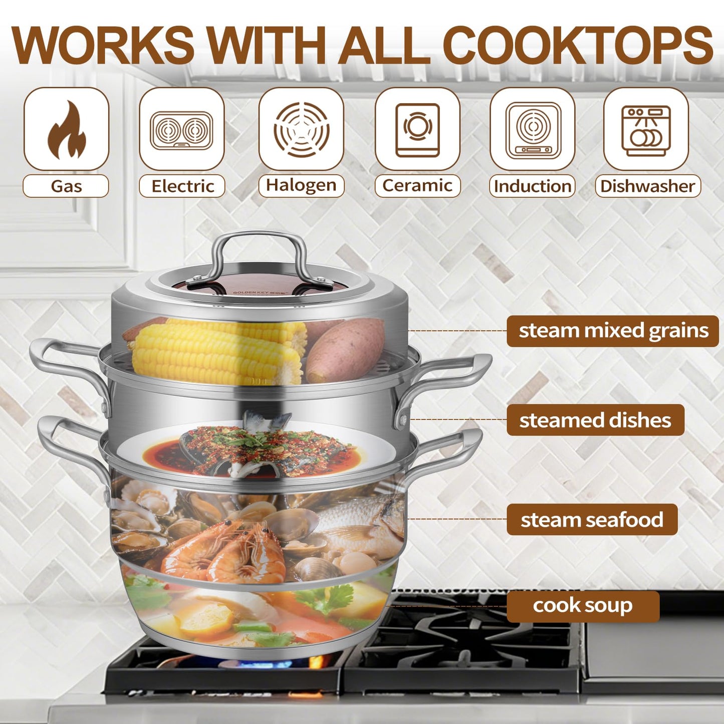 GOLDEN KEY 7.4 QT Steamer for Cooking, 2-Tier Multipurpose 18/8 Stainless Steel Steamer Pot with Lid for Vegetable, Seafood, Rice, Dumplings, Works with Gas Electric Induction Stove