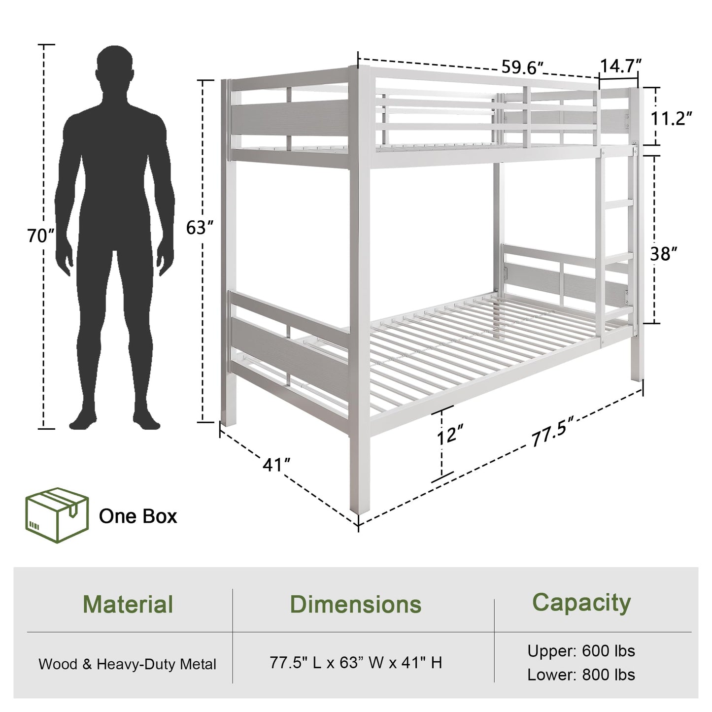 Feonase Metal Bunk Bed Twin Over Twin with Ladder and High Guardrail, Heavy-Duty Metal Slats Support, Noise Free, No Box Spring Needed, for Kids and Juniors, Black