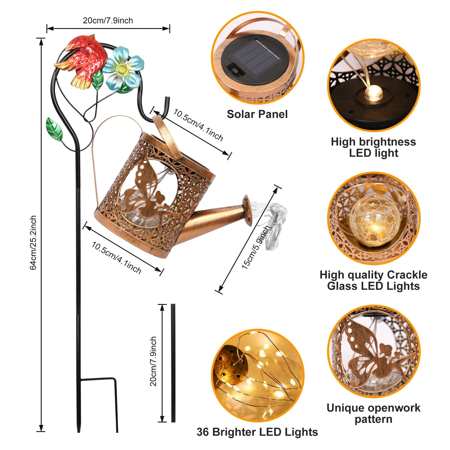 QOCNAM Solar Lights Outdoor Garden Decor Solar Watering Can with Crackle Glass Lights Waterproof Metal Hanging Fairy Lantern for Patio Lawn Yard Outside Decorations- Unique Gift Ideas for Gardening