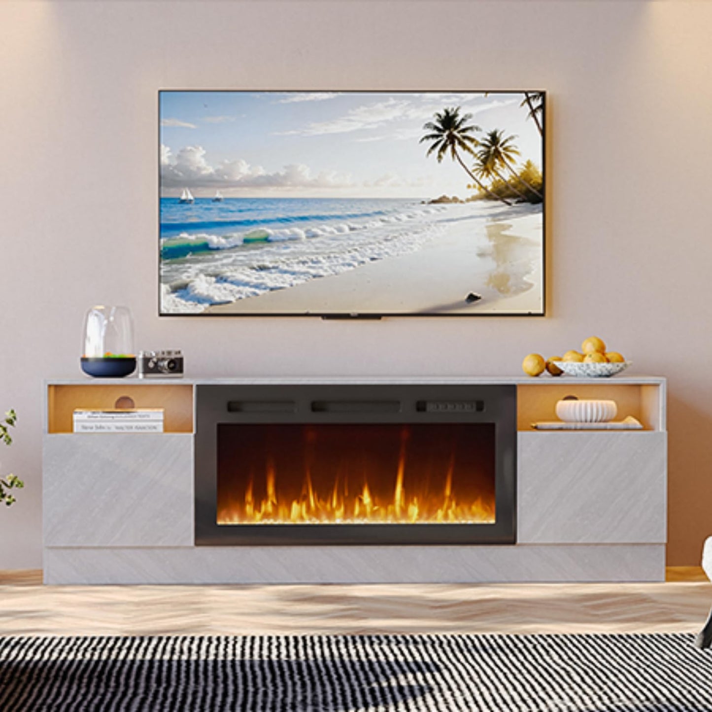 MXV 80" Fireplace TV Stand for TVs Up to 90", LED Light Entertainment Center with 36" Electric Fireplace, Modern Wood Texture TV Media Console with Highlight Storage Cabinet, Grey-Black