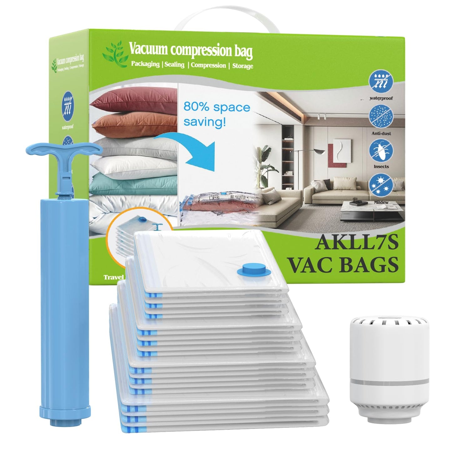 AKLL7S Vacuum Storage Bags with Electric Pump, 12 Pack Space Saver Bags(3 Jumbo/3 Large/3 Medium/3 Small) Vacuum Seal Bags for Clothing, Comforters, Blankets, Travel(Hand Pump Included)