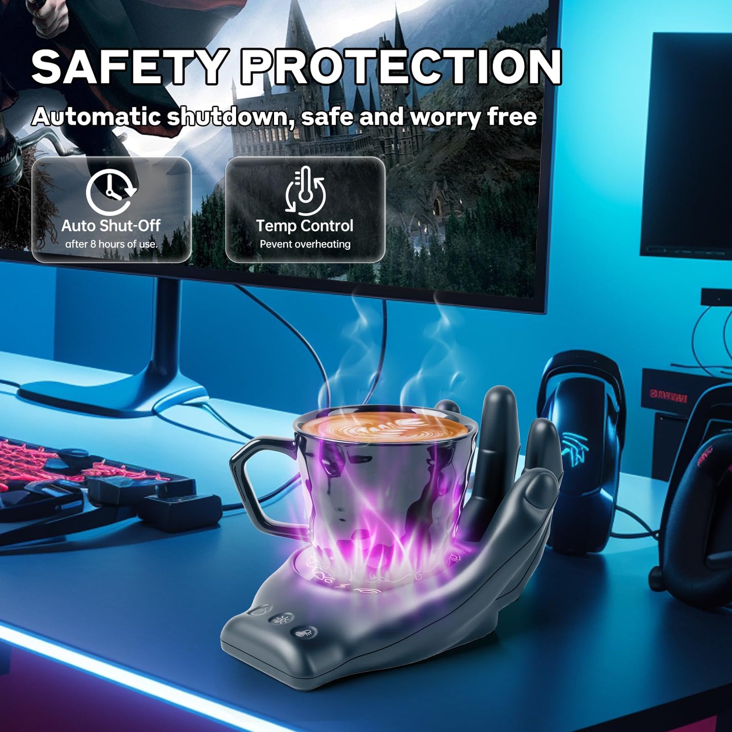 Devil's Hand Heating Mug Warmer & Mug Set - 3 Temp Settings & 8H Timer, Coffee Cup Warmer Plate for Desk Auto Shut Off, Ideal Beverage Warmer Gift for Coffee, Tea, Milk (Black)