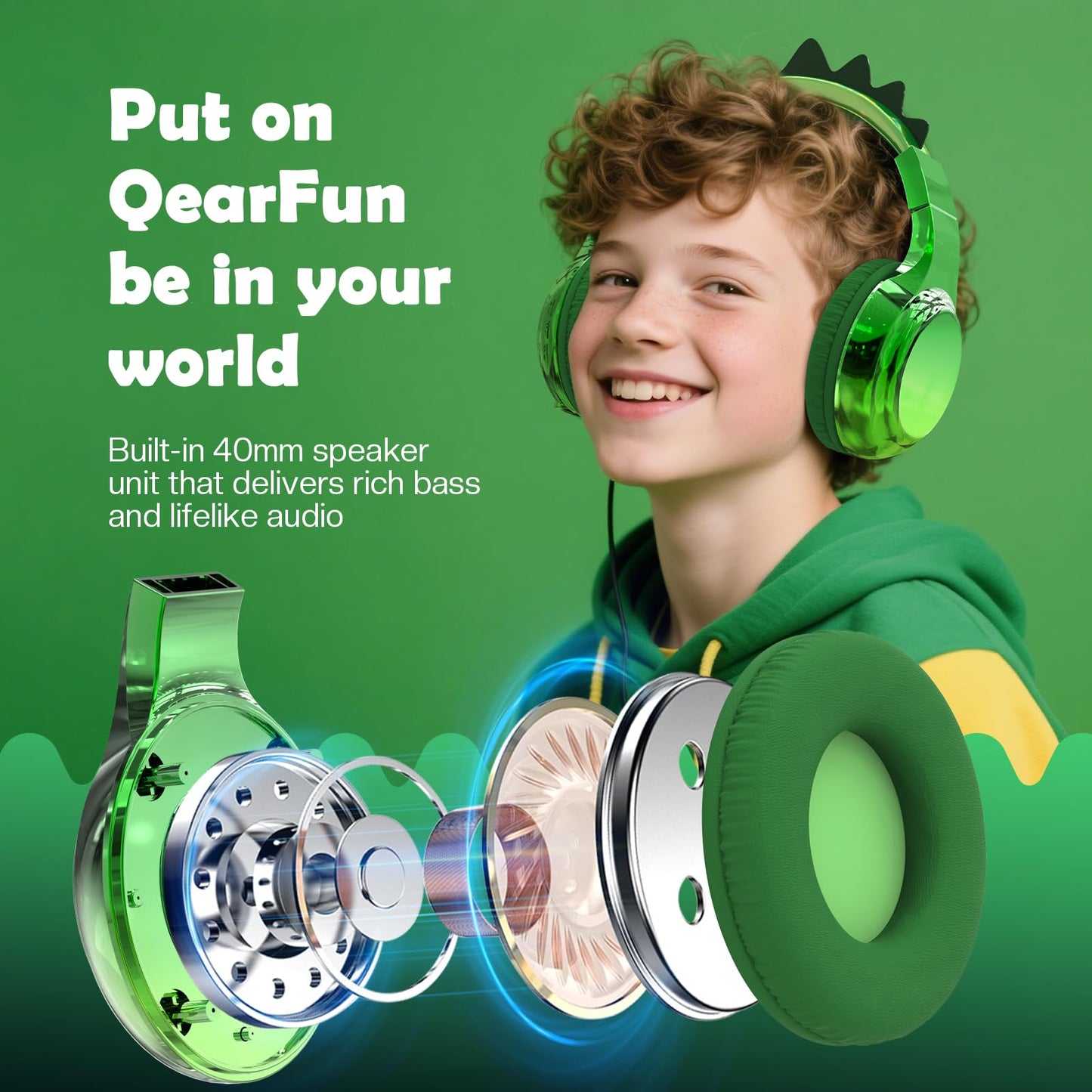 QearFun Kids Dinosaur Bluetooth Headphones, 60H Playtime, 74/85/94dB Safe Volume Limit, Metallic Gradient Wireless Headset with Mic, Fast Charging, Foldable, Wired Mode for Girls School/Tablet/Travel