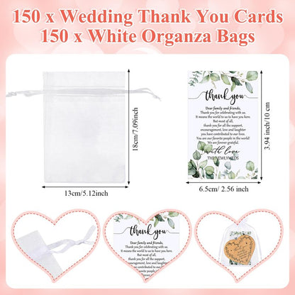 150 Sets Rustic Wedding Favor Coasters, Heart Cork Coasters for Guests, Mr & Mrs Coaster Favors with Thank You Cards & Organza Bags, Bridal Shower Party
