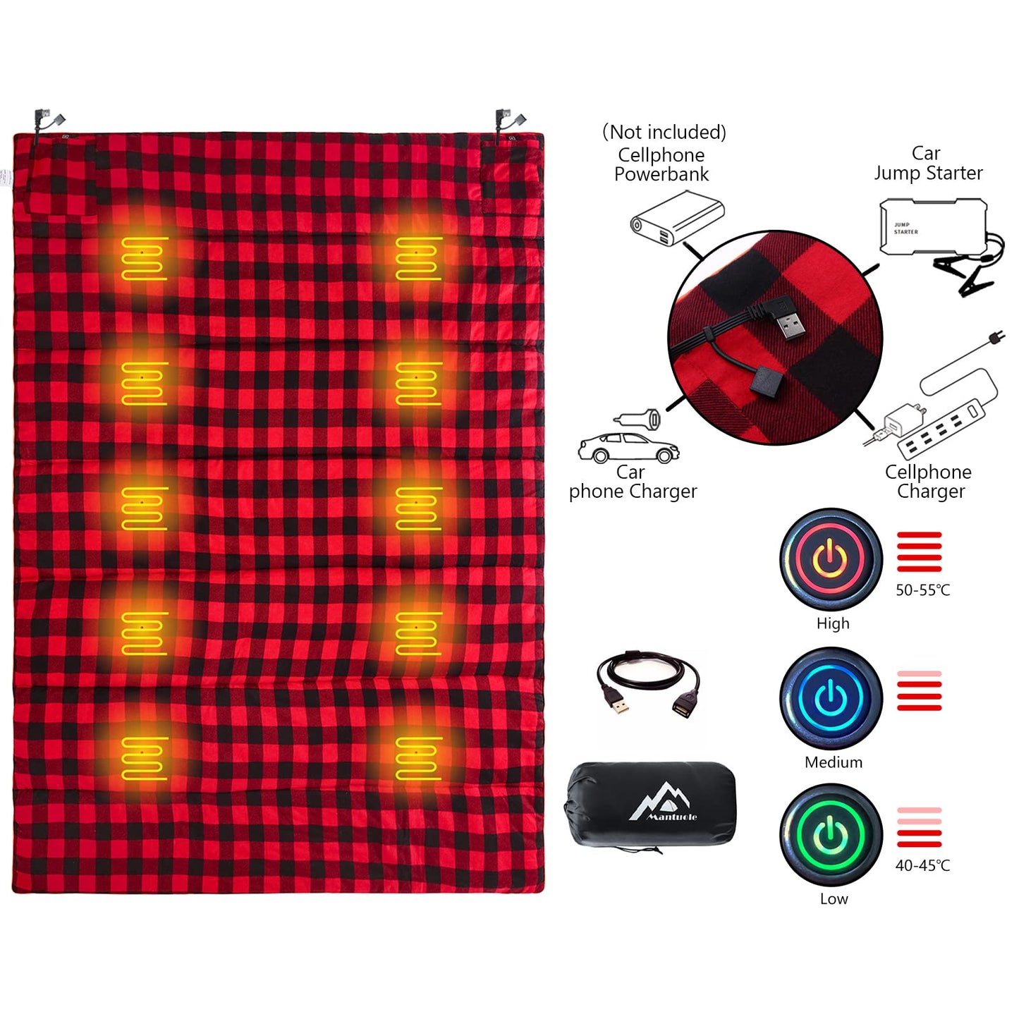 Heated Sleeping Bag pad, Heated Sleeping Bag Liner, 5 Heating Zones, Multi USB Power Supported, Operated by Battery Power Bank or Other USB Power Supply, Compact Bag Included.