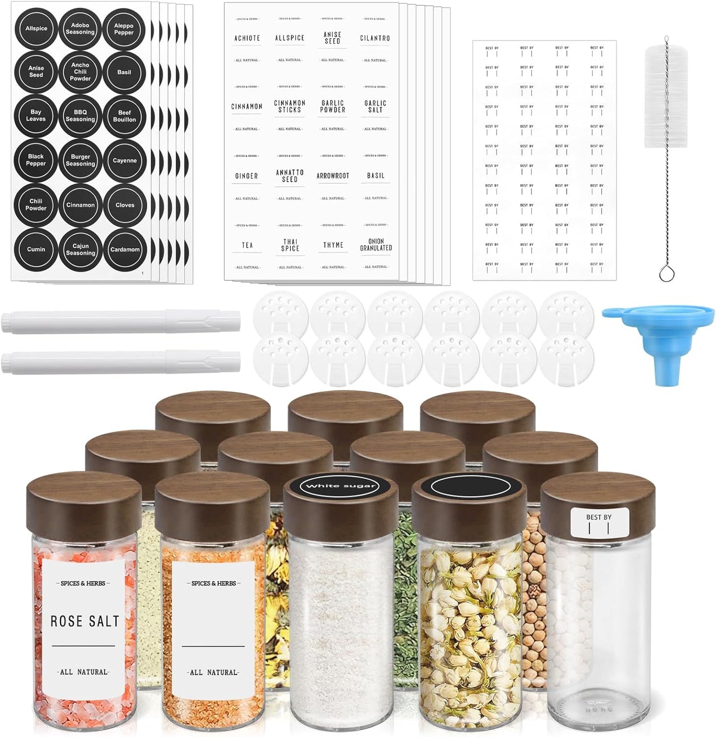 12 Pack 4 oz Set VIBRATITE Spice Jars with Acacia Lids, Round Glass Jars Spice Containers with Labels, Pen, Funnel