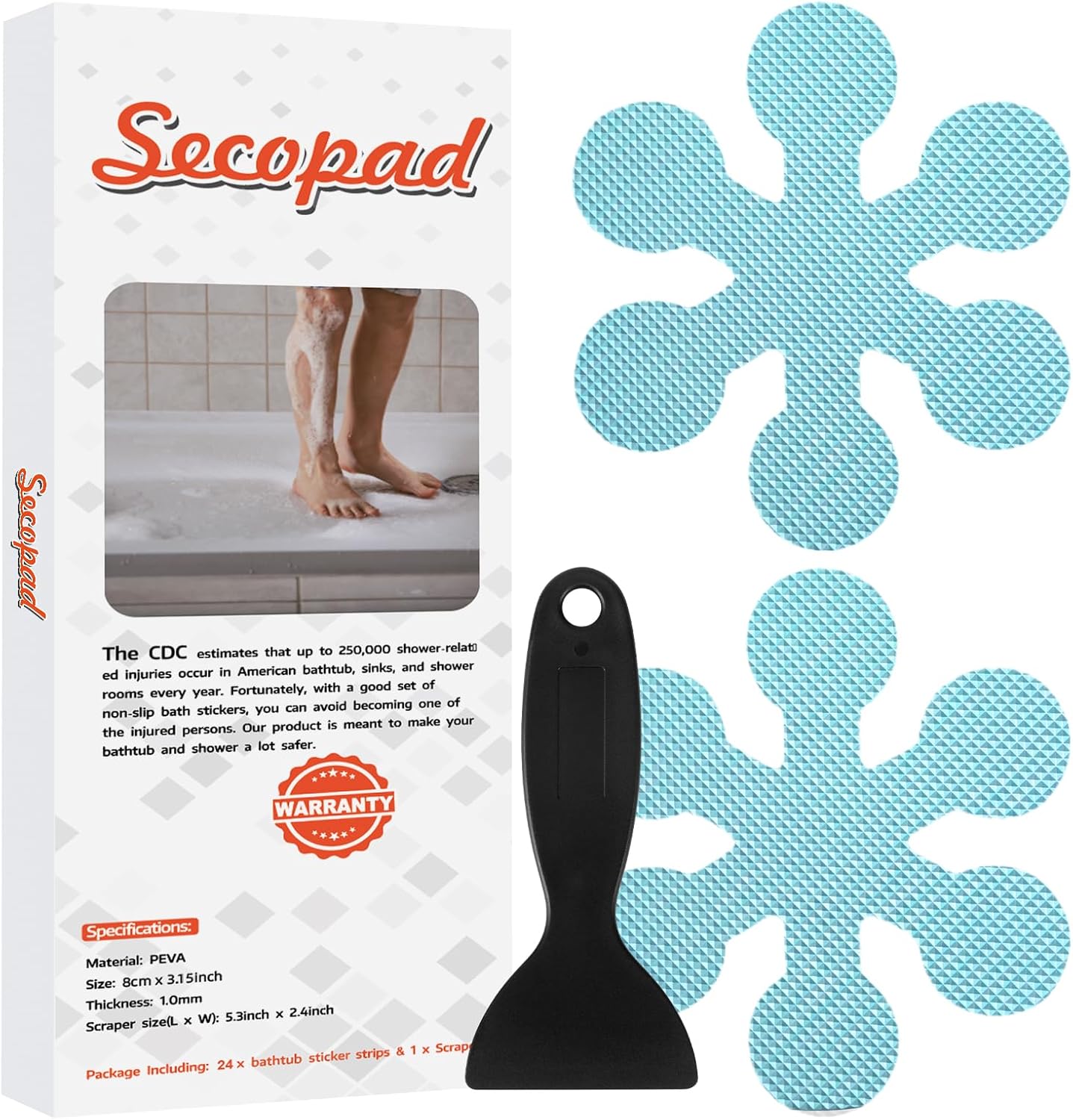 24 Secopad Bathtub Stickers Non-Slip, PCS Safety Shower Treads Adhesive Appliques with Premium Scraper (Blue)