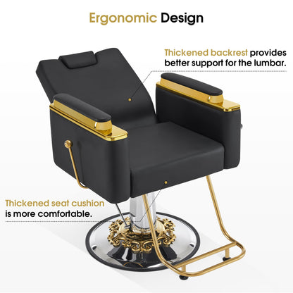 BarberPub Luxurious Barber Chair with Heavy-Duty Hydraulic Pump, Adjustable Reclining Salon Chair for Hair Stylist, Gold&Black Hair Styling Chair, Barbershop 8623 (Black)