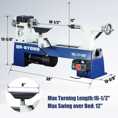 QD-KYOHO 12" X 16-1/2" Wood Lathe Machine，Variable-Speed 250-3200 RPM Digital Display Power Wood Lathes，3/4HP,120V 1PH Wood Turning Lathe,VSR Woodworking Lathe For Precision Woodworking Projects