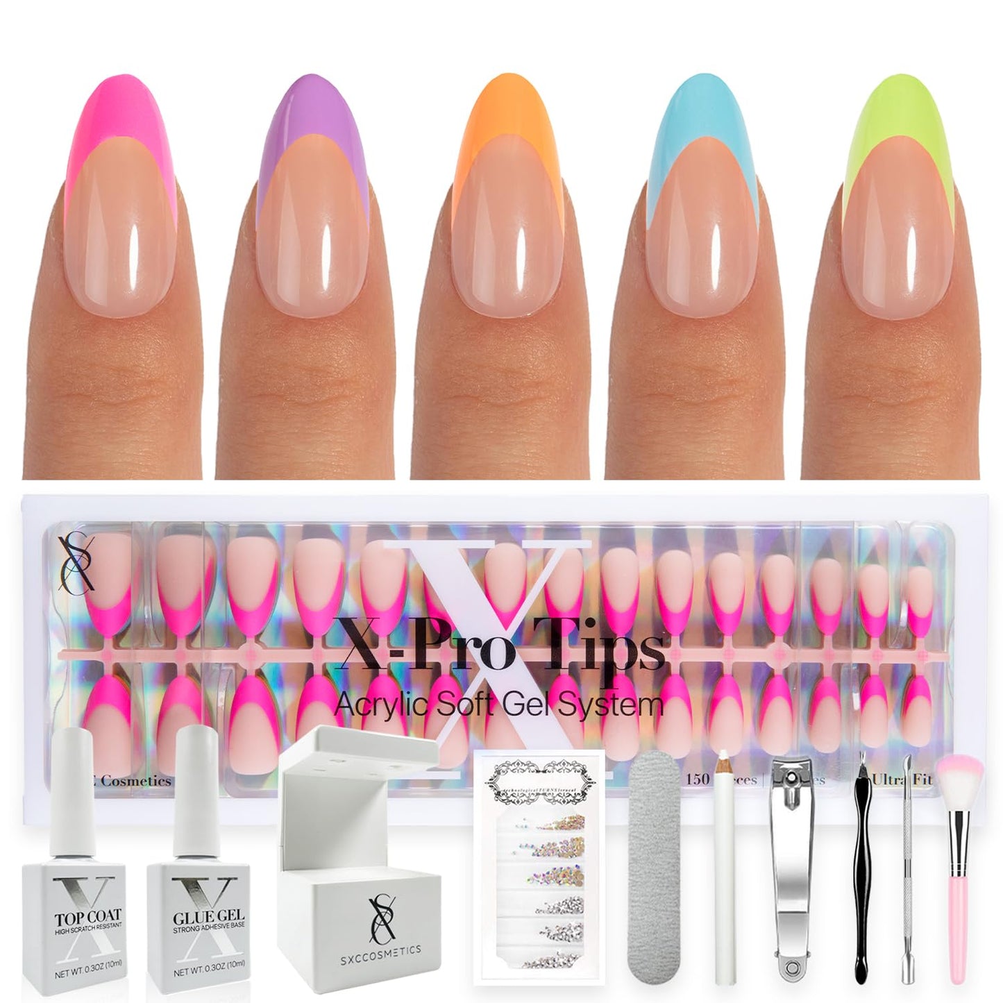 SXC Cosmetics French Tip Press On Nails - Skin Tone Nude and Color Series, Short Coffin X-Pro Tips Starter Kit ST119KIT