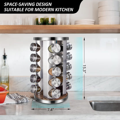 dasaka Rotating Spice Rack Organizer with Jars(20Pcs), Seasoning Organizer for Cabinet, Kitchen Spice Racks for Countertop, Revolving Stainless Steel Spice Organizer
