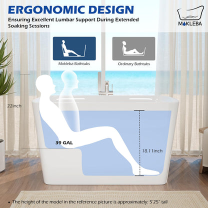 Mokleba 47" Lucite Acrylic Freestanding Bathtub，Square Shape Japanese Soaking Tub with Seat Desgin,Toe-tap Chrome Right Drain, Slotted Overflow, cUPC Certified,Glossy White