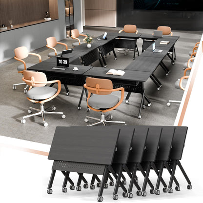 Mobile Folding Conference Table with Wheels,6 Pack Modern Conference Room Tables for 6-12 Person,55.1IN Training Locking Rolling Meeting Conference Tables with Flip-Top for Office Classroom Business