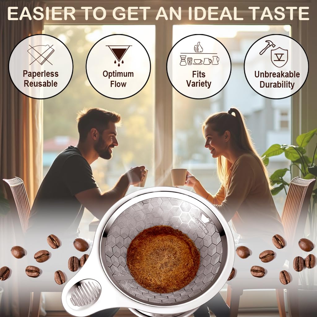 dailybrew Pour over Coffee Dripper, Triple Layer Stainless Steel Cone Coffee Filter, 4 Cup Non-Electric Manual Portable Drip Coffee Maker, Metal Cone Cafe Coffee Dripper