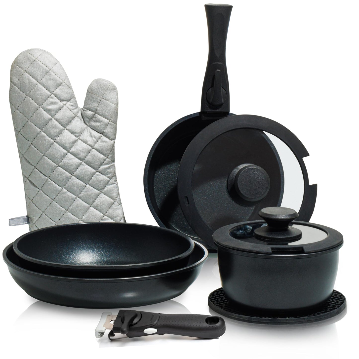 Moss & Stone 10pcs Nonstick Cookware Pans with Removable Handles, Space Saving Pots and Pans with Removable Handles, RV Pots and Pans Set for Camping, Oven and Induction Ready