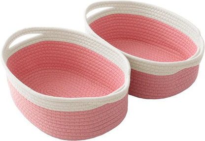 JMvicyroam Woven Basket - Small Rope Storage Bin with Handles & Ribbon Bag | White & Pink, 2-Pack for Organizing Shelves and Closets