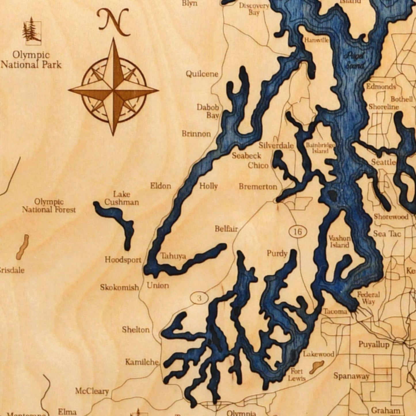 Sea & Soul Pacific Northwest Nautical Chart Art Serving Tray, Made in the USA, 3-D Nautical Wood Chart, 3D Wood Maps, Lake Art, Nautical Gift, 13.5"x 24" Serving Platter (Distressed Coffee/Deep Blue)