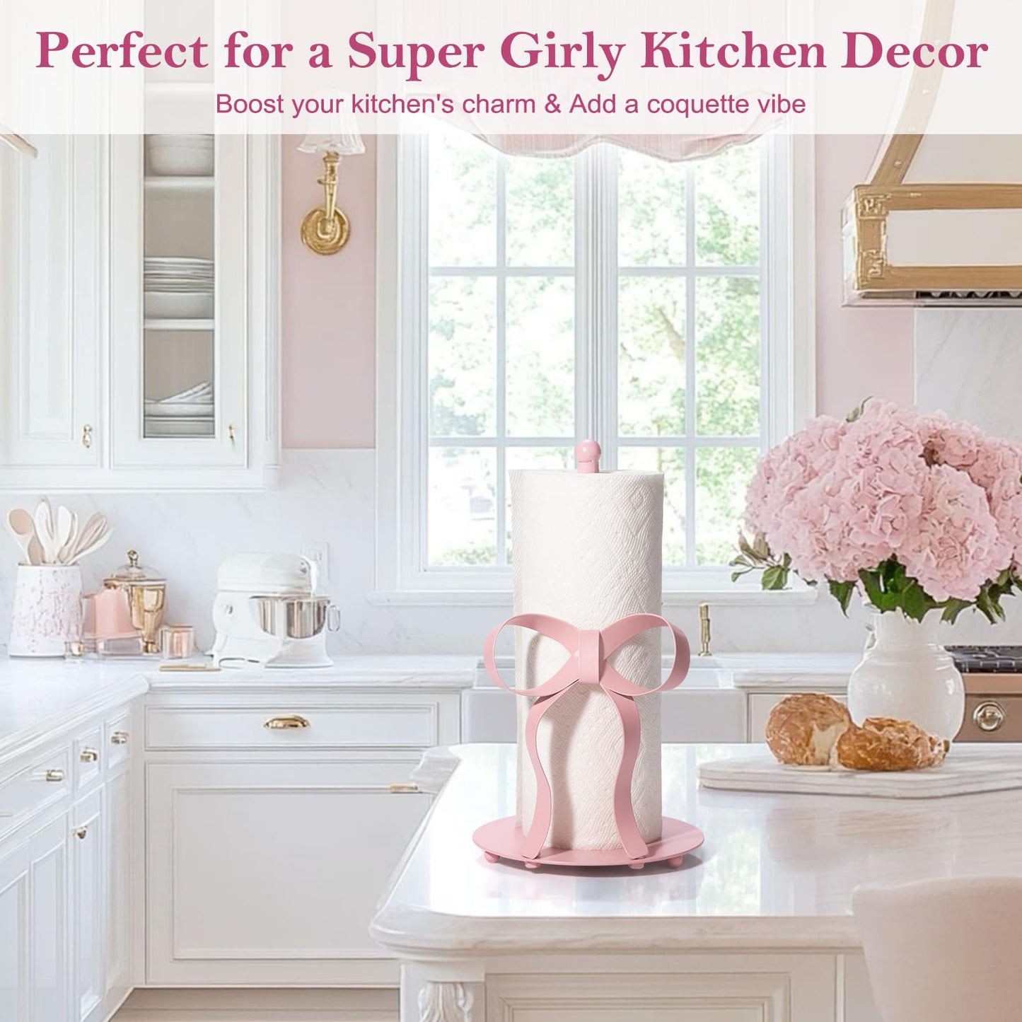 Shinlar Pink Bow Paper Towel Holder Coutertop - Bow Accent Paper Towel Holder, Pink Kitchen Decor and Accessories, Coquette Room Decor Girly Gifts for Women, 3D Handmade Pattern, Weighted Base