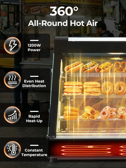 Commercial Food Warmer 26", 3-Tier Heated Display Case with Water Tray, 1200W Pizza Pastry Warmer, Adjustable Thermostat 86-185°F, LED Lighting, Removable Shelves for Buffet, Bakery, Catering