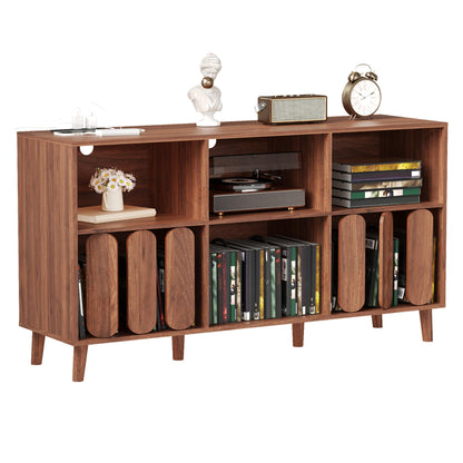 SLEKVERSA 55'' Vinyl Record Player Stand with Charging Station - Mid Century Modern Record Storage Cabinet w/6 Compartments, 2 USB Ports & Outlets - Turntable Table for Living Room