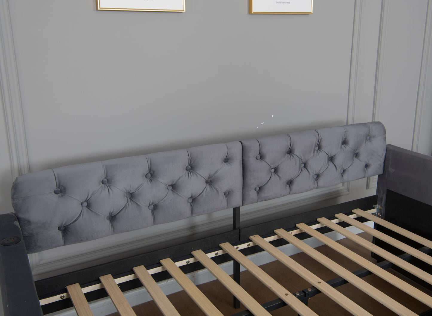 KEIKI Twin Upholstered Daybed with 2 Storage Drawers & USB Charging, Plush Velvet Button-Tufted Headboard, Sofa Bed for Living Room or Bedroom, No Box Spring Needed, Gray