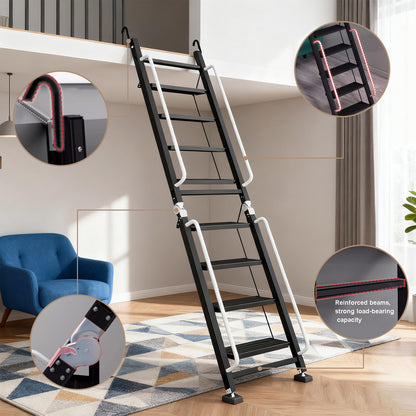 Foldable Aluminum Loft Stairs Ladder, 12 Step Folding Bunk Bed Ladders with Handrails, Portable Anti-Slip Egress Attic Ladder, Floor-Mounted Metal Roof Access Step Ladders for Dorm RV Home Attic Stair
