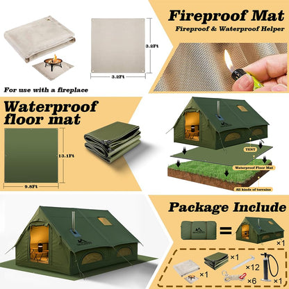 13' x 10' Inflatable Camping Tent for 8-10 Person, 4 Season Blow Up Tents with Waterproof pad, Easy Set-Up Glamping Inflatable Hot Tent with Stove Jack for Camping Adult