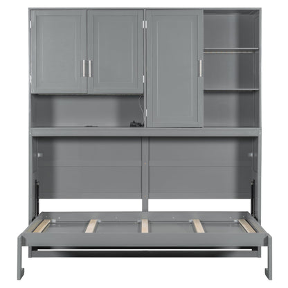 Ball & Cast Twin Size Murphy Bed,Foldable Wall Bed with Top Cabinet,Storage Shelves,Hidden Cabinet Bed Frame with Led Light and USB Port for Bedroom,Guest Room,Space Saving,No Box Spring Needed, Gray