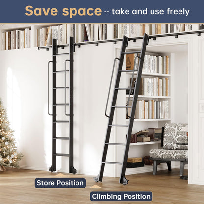 CEAKIAN 8FT Aluminum Rolling Library Ladder with 4FT Sliding Hardware Kit,Telescopic Hook Track with Brake Wheel,7 Steps with Handrail,450lbs Capacity,Black,Easy Assembly,for Loft Bookcase Attic Home