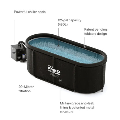 The Pod Company Cold Plunge Bundle – Long Pod (126 Gallon) + 1/3 HP Standard Water Chiller (41°F) – Extra-Large Metal Frame Cold Plunge Tub with Filtered Cooling System